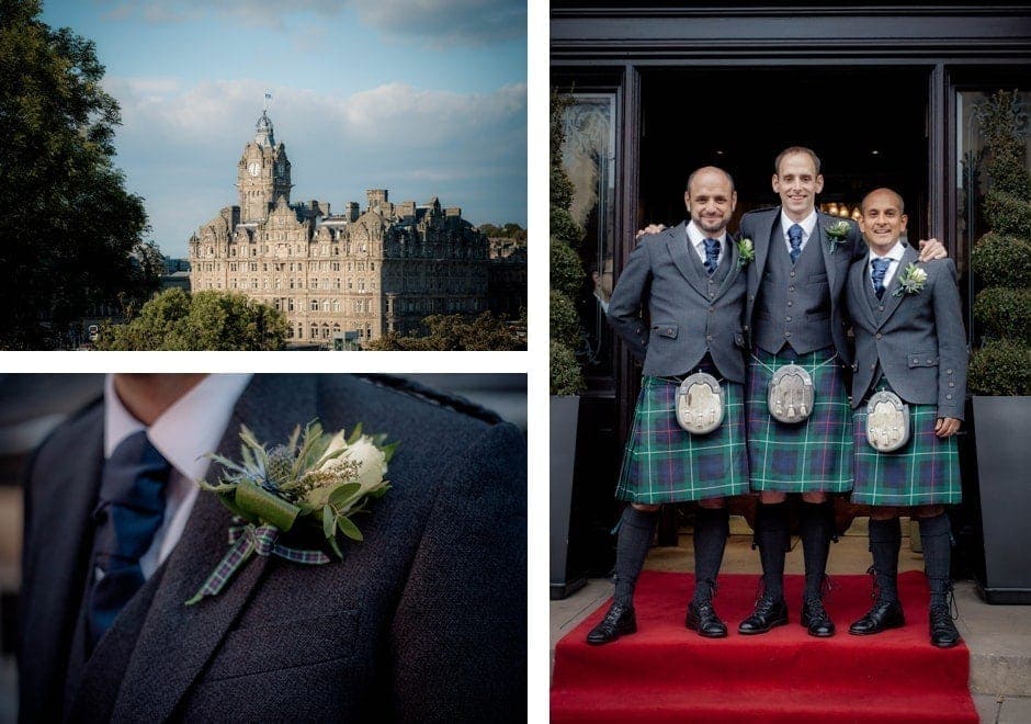 groom and his best men outside the Balmoral in Edinburgh