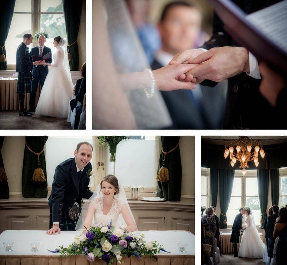 bride and groom exchange rings and sign register at a wedding at the Balmoral