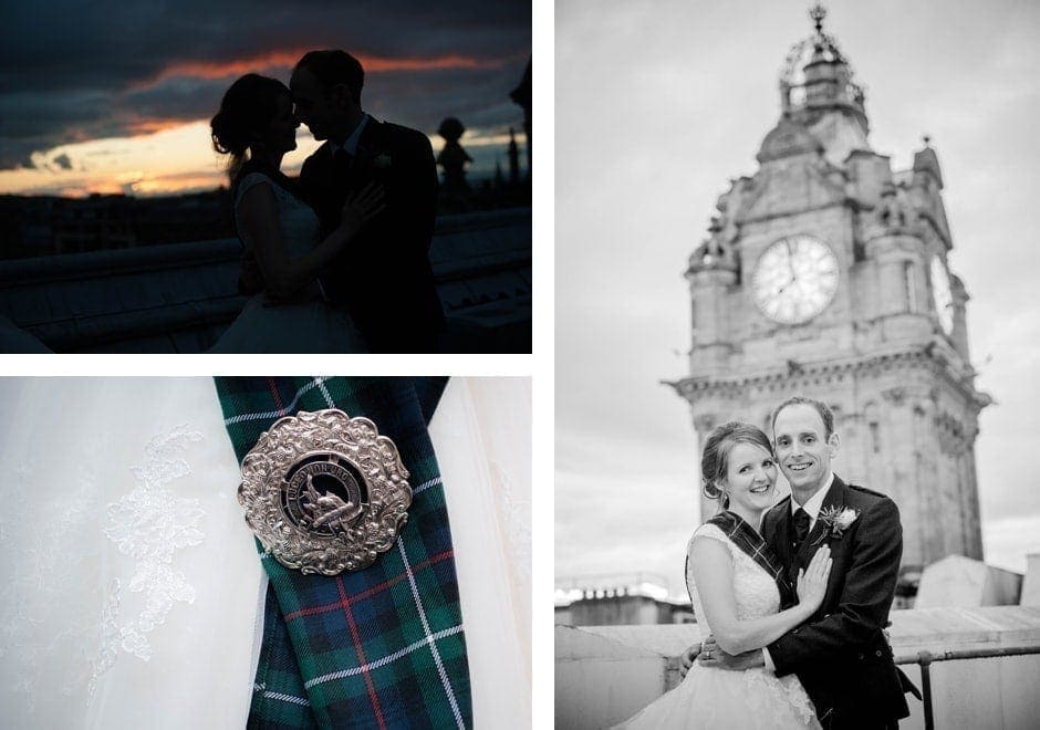 rooftop portraits of a bride and groom at sunset at the Balmoral